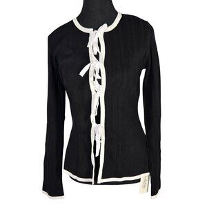 NWT | Bellelily Black & White Contrast Trim Lace-Up Ribbed Flare Sleeve Top | Sm